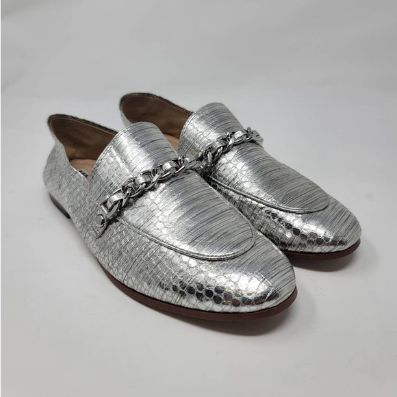 Karl Lagerfeld Paris Elsa Loafer Size 6M Metallic Snake Embossed Leather Silver - Picture 1 of 8